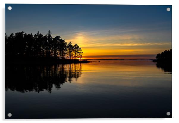 orange sunset over a calm lake in Sweden Acrylic by Jonas Rönnbro