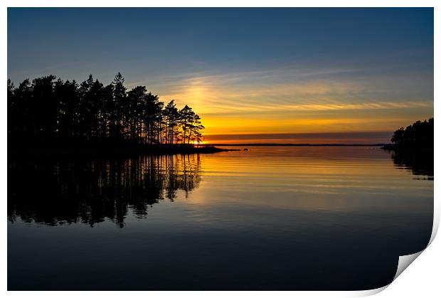 orange sunset over a calm lake in Sweden Print by Jonas Rönnbro