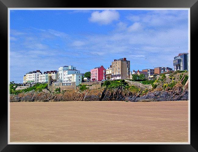 Tenby South Beach Hotels. Framed Print by paulette hurley