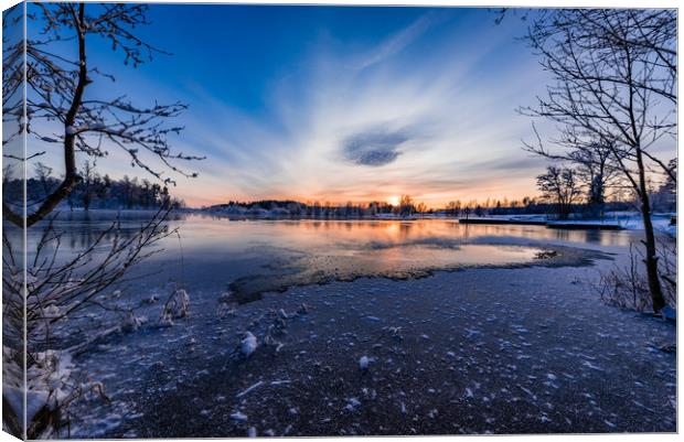 beautiful sunset over a cold lake in Sweden Canvas Print by Jonas Rönnbro