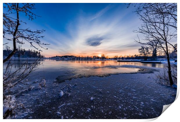 beautiful sunset over a cold lake in Sweden Print by Jonas Rönnbro