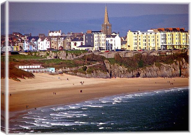 Tenby South Beach Embossed. Canvas Print by paulette hurley