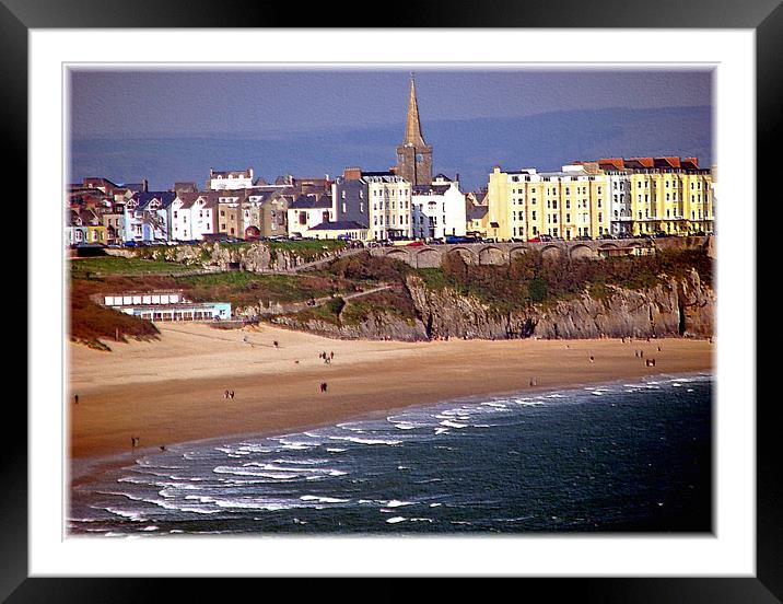 Tenby South Beach Embossed. Framed Mounted Print by paulette hurley