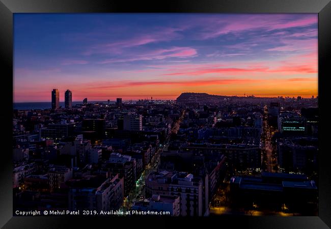 Barcelona cityscape at night  Framed Print by Mehul Patel