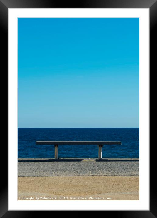 Bench with sea view at Platja del Bogatell, Barcel Framed Mounted Print by Mehul Patel