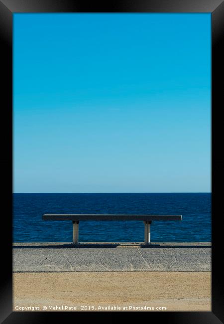 Bench with sea view at Platja del Bogatell, Barcel Framed Print by Mehul Patel
