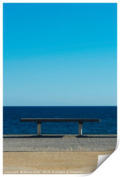 Bench with sea view at Platja del Bogatell, Barcel Print by Mehul Patel