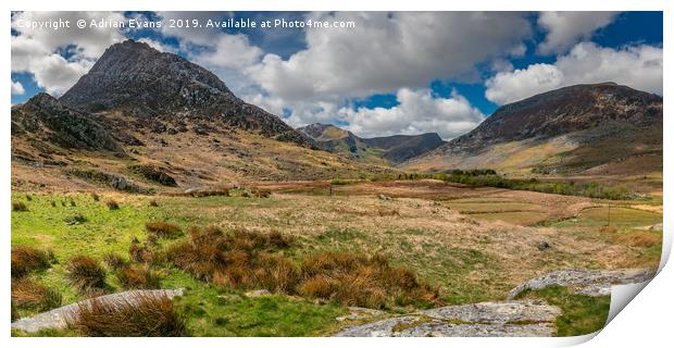 Tryfan and The Ogwen Valley Snowdonia  Print by Adrian Evans