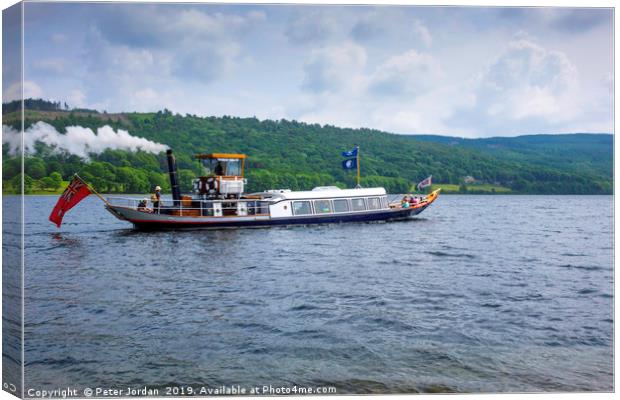 The historic Steam Yacht Gondola leaving Coniston  Canvas Print by Peter Jordan