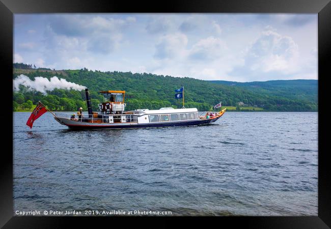 The historic Steam Yacht Gondola leaving Coniston  Framed Print by Peter Jordan