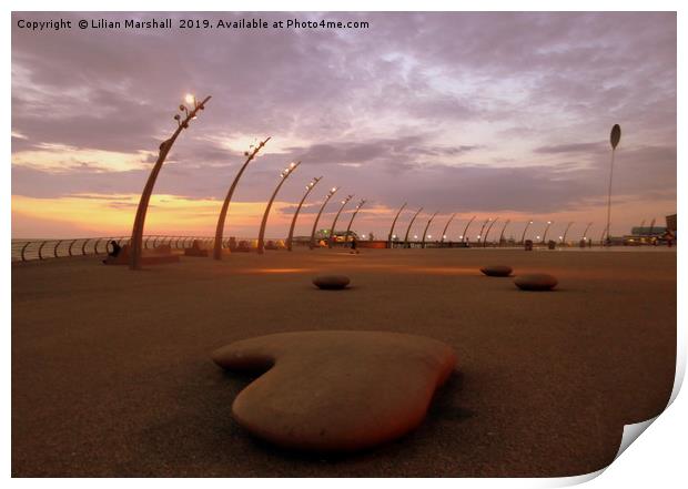 Blackpool promenade at dusk.  Print by Lilian Marshall