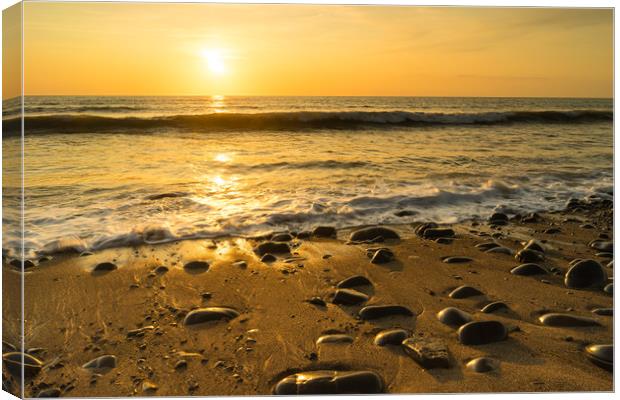 Sunlit pebbles on Westward Ho! beach at Sunset Canvas Print by Tony Twyman