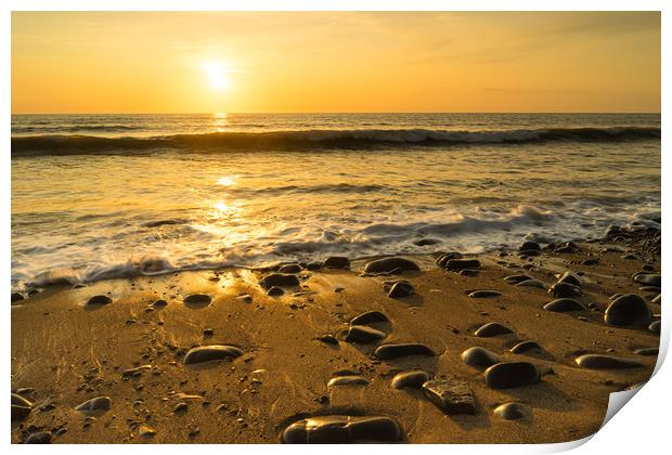 Sunlit pebbles on Westward Ho! beach at Sunset Print by Tony Twyman