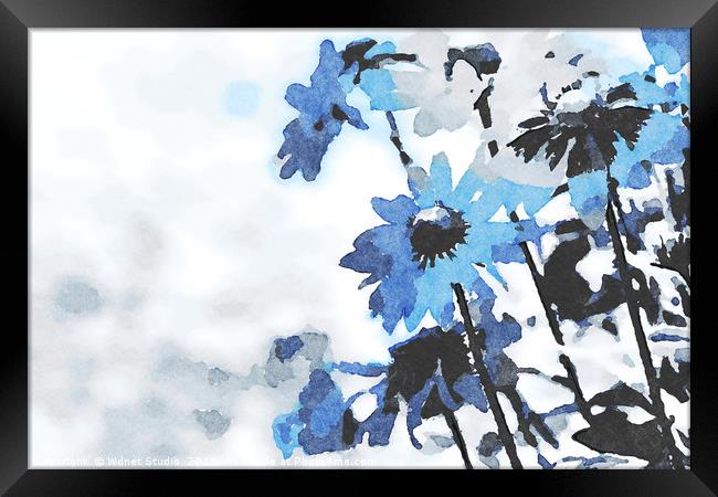 Abstract blue blooming flowers Framed Print by Wdnet Studio