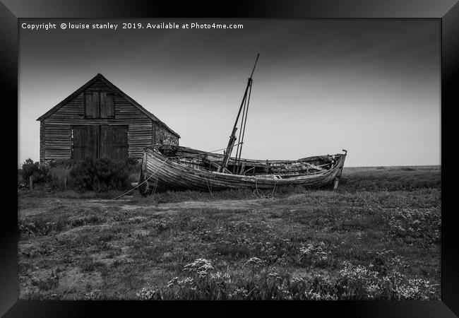 Derelict boat by  the old Coal Barn at Thornham Framed Print by louise stanley