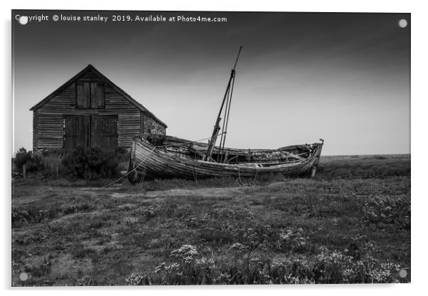 Derelict boat by  the old Coal Barn at Thornham Acrylic by louise stanley