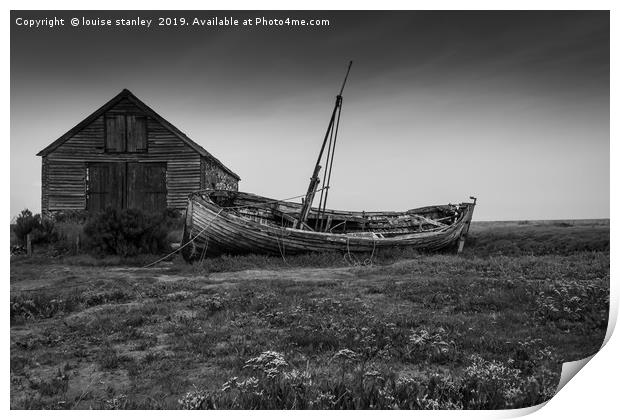 Derelict boat by  the old Coal Barn at Thornham Print by louise stanley