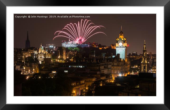 Edinburgh Castle Illuminated by Fireworks Framed Mounted Print by John Hastings