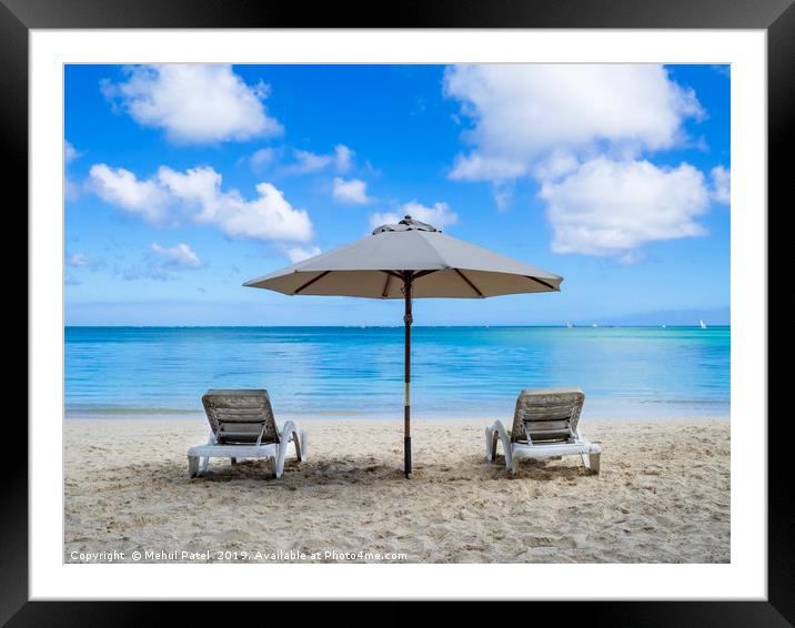 Two sun loungers and parasol on beach Framed Mounted Print by Mehul Patel