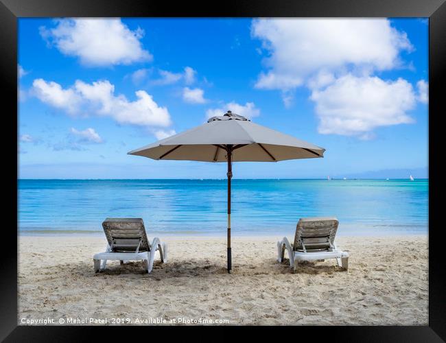 Two sun loungers and parasol on beach Framed Print by Mehul Patel