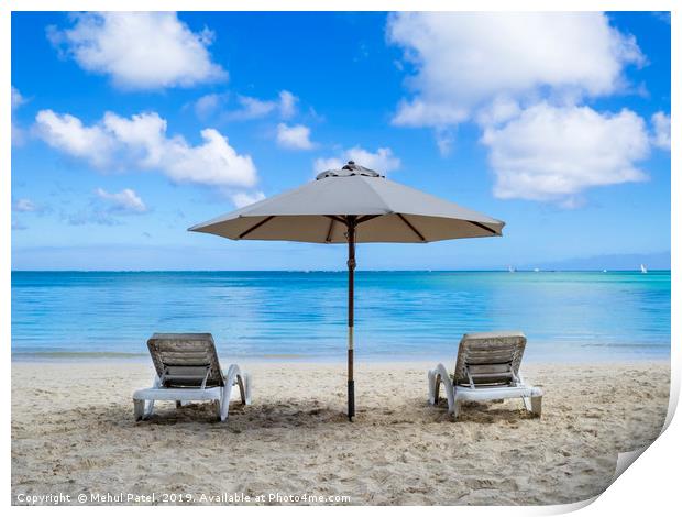 Two sun loungers and parasol on beach Print by Mehul Patel