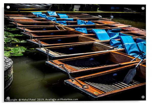 Punting boats parked on the river, river Cam, Camb Acrylic by Mehul Patel