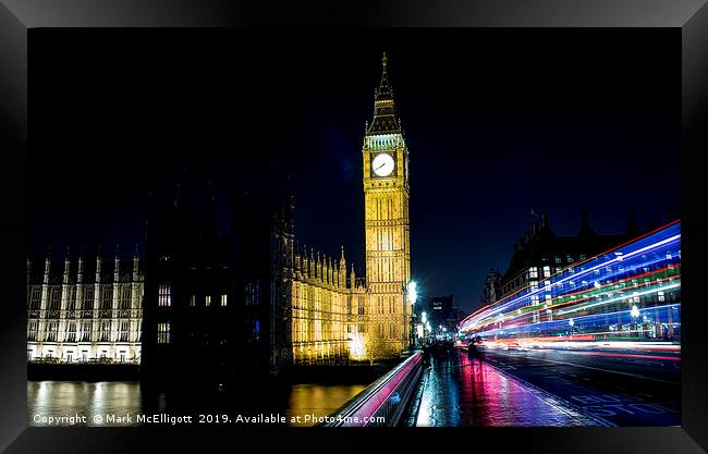 Big Ben London with travelling red bus flairs Framed Print by Mark McElligott