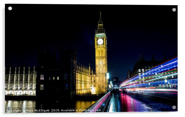 Big Ben London with travelling red bus flairs Acrylic by Mark McElligott