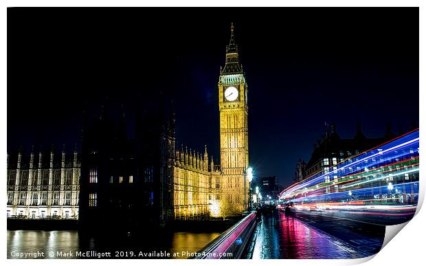 Big Ben London with travelling red bus flairs Print by Mark McElligott