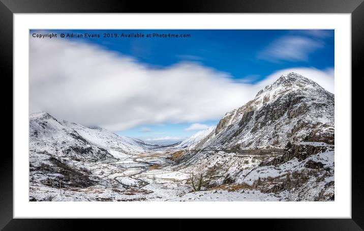 Nant Ffrancon Pass and Pen yr Ole Wen Snowdonia Framed Mounted Print by Adrian Evans