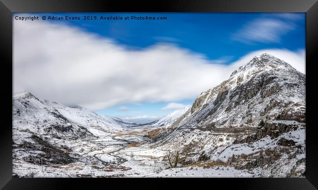 Nant Ffrancon Pass and Pen yr Ole Wen Snowdonia Framed Print by Adrian Evans