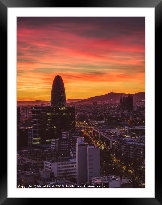 Barcelona cityscape at sunset Framed Mounted Print by Mehul Patel