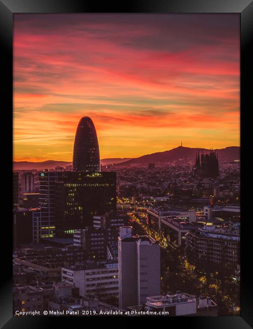 Barcelona cityscape at sunset Framed Print by Mehul Patel