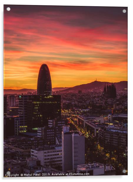Barcelona cityscape at sunset Acrylic by Mehul Patel