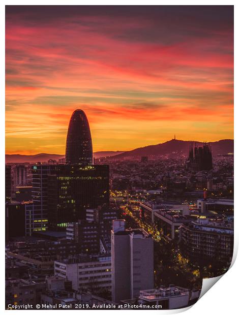 Barcelona cityscape at sunset Print by Mehul Patel