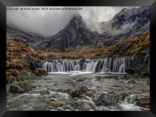 Fairy Pools waterfall on a moody morning  Framed Print by Shaun Jacobs