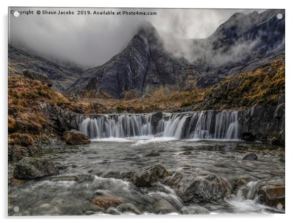 Fairy Pools waterfall on a moody morning  Acrylic by Shaun Jacobs