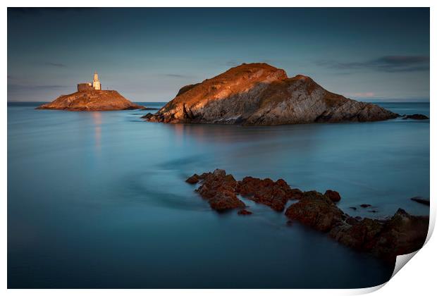 Mumbles Lighthouse at dusk Print by Leighton Collins
