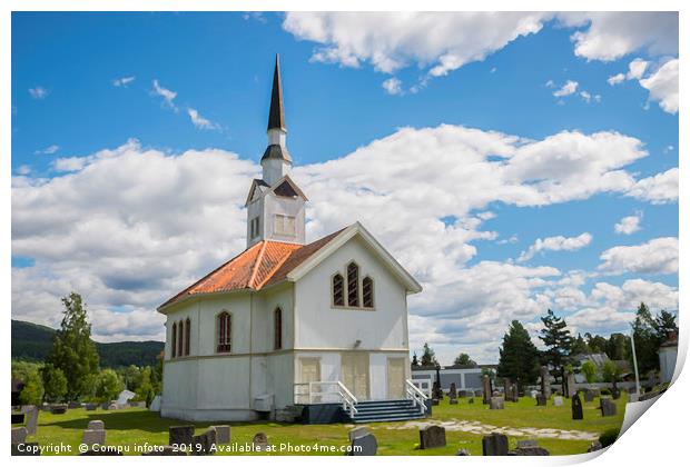 white wooden stave church near Leira in Norway Print by Chris Willemsen