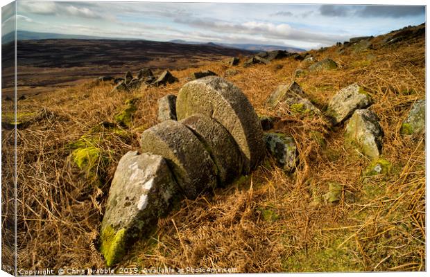 Abandoned Mill Stones under Stanage Edge. Canvas Print by Chris Drabble