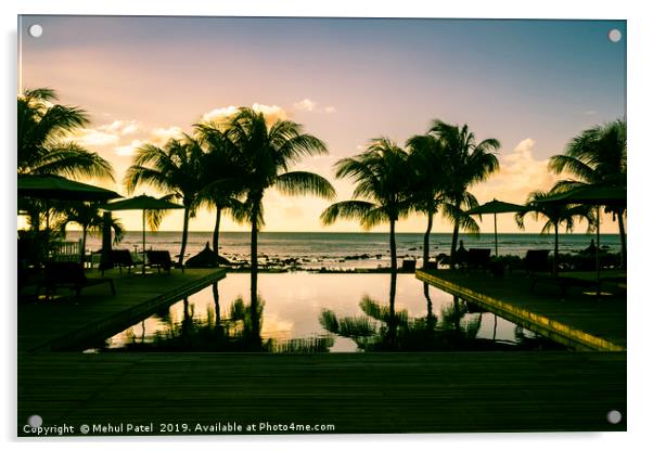 Infinity pool at resort in Mauritius during sunset Acrylic by Mehul Patel