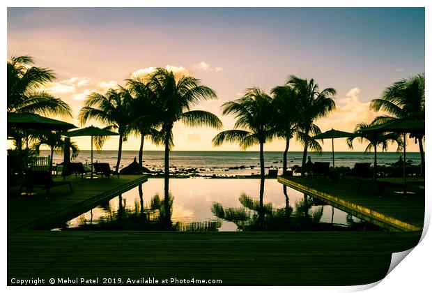 Infinity pool at resort in Mauritius during sunset Print by Mehul Patel