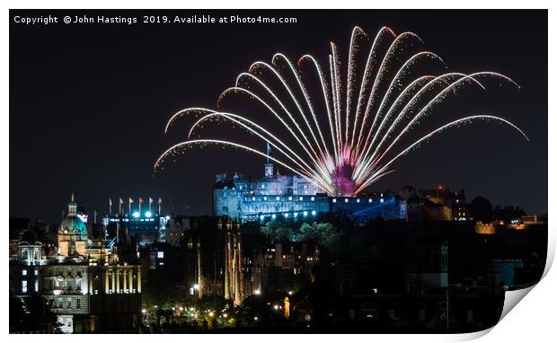 Edinburgh Castle Fireworks Display Print by John Hastings