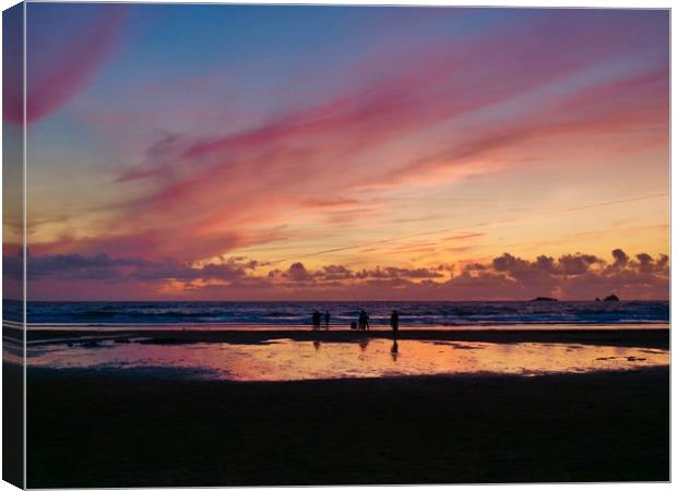 Sunset at Treyarnon Bay Beach, Cornwall Canvas Print by Nathalie Hales