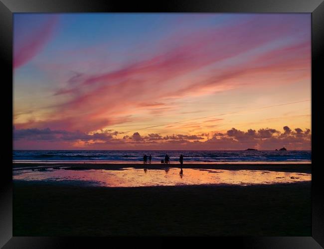 Sunset at Treyarnon Bay Beach, Cornwall Framed Print by Nathalie Hales