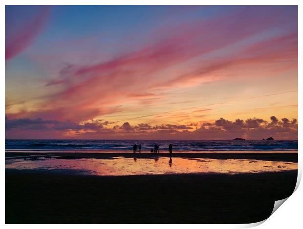 Sunset at Treyarnon Bay Beach, Cornwall Print by Nathalie Hales