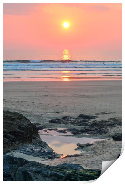 Sunset over Gwithian Beach Print by Brenda Belcher