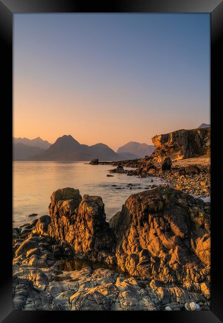 The Black Cuillin from Elgol Beach at Sunset Framed Print by Miles Gray