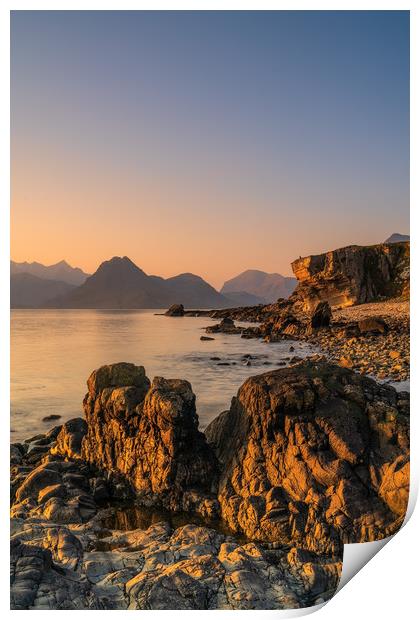 The Black Cuillin from Elgol Beach at Sunset Print by Miles Gray
