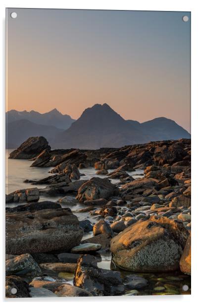Black Cuillin from Elgol Beach at Sunset Acrylic by Miles Gray